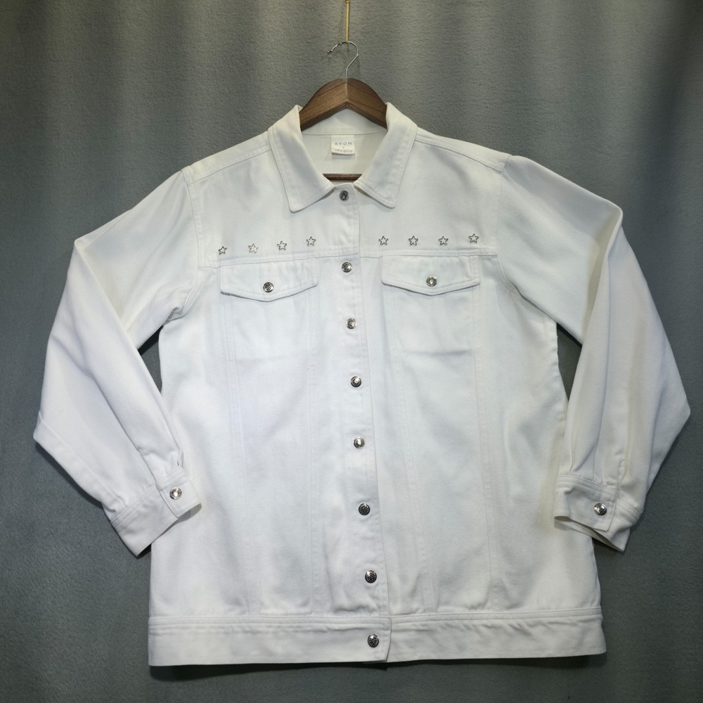 Avon Women's White Denim Jean‎ with Silver Stars Accents Jacket Size Medium